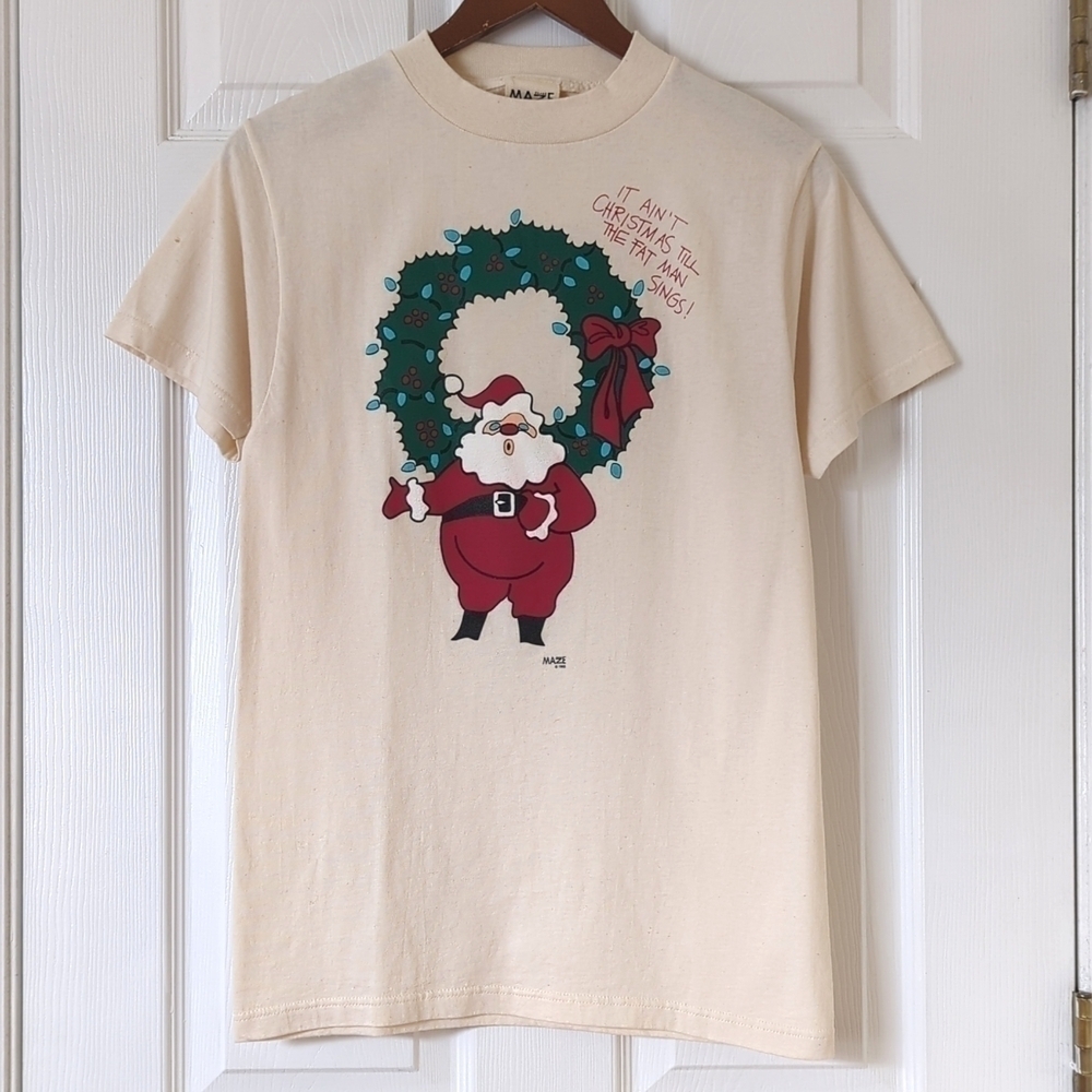 Maze 1995 Vintage Santa Singing Graphic Short Sleeve Crewneck T-shirt Cream S